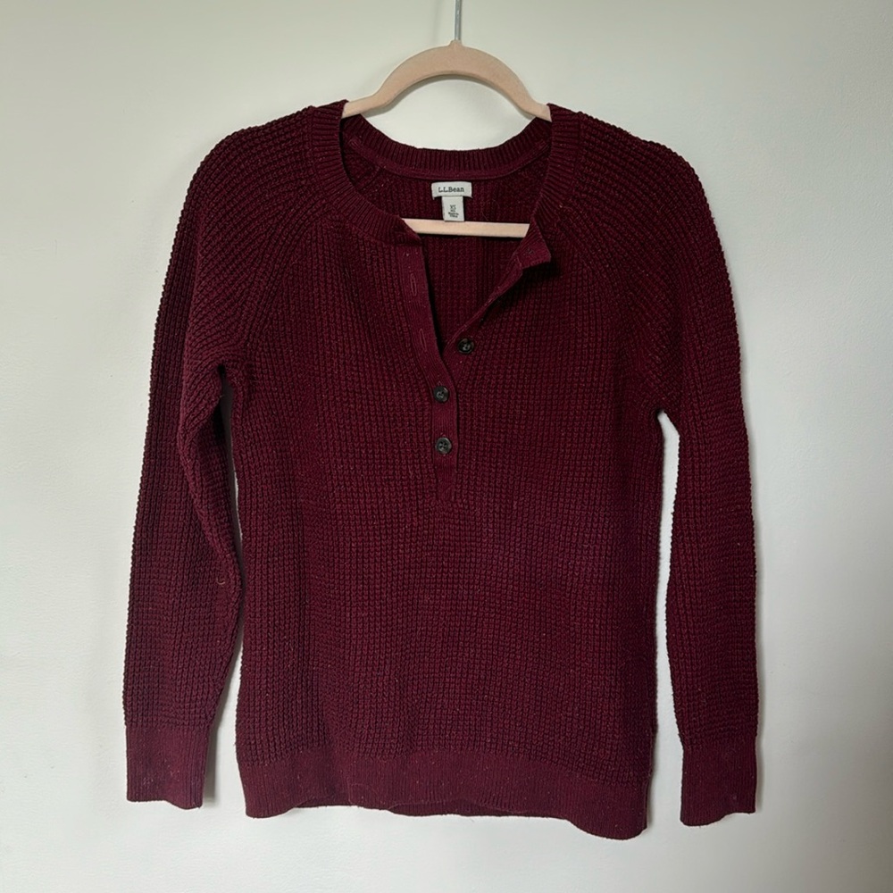 LL Bean maroon waffle knit Henley sweater.
